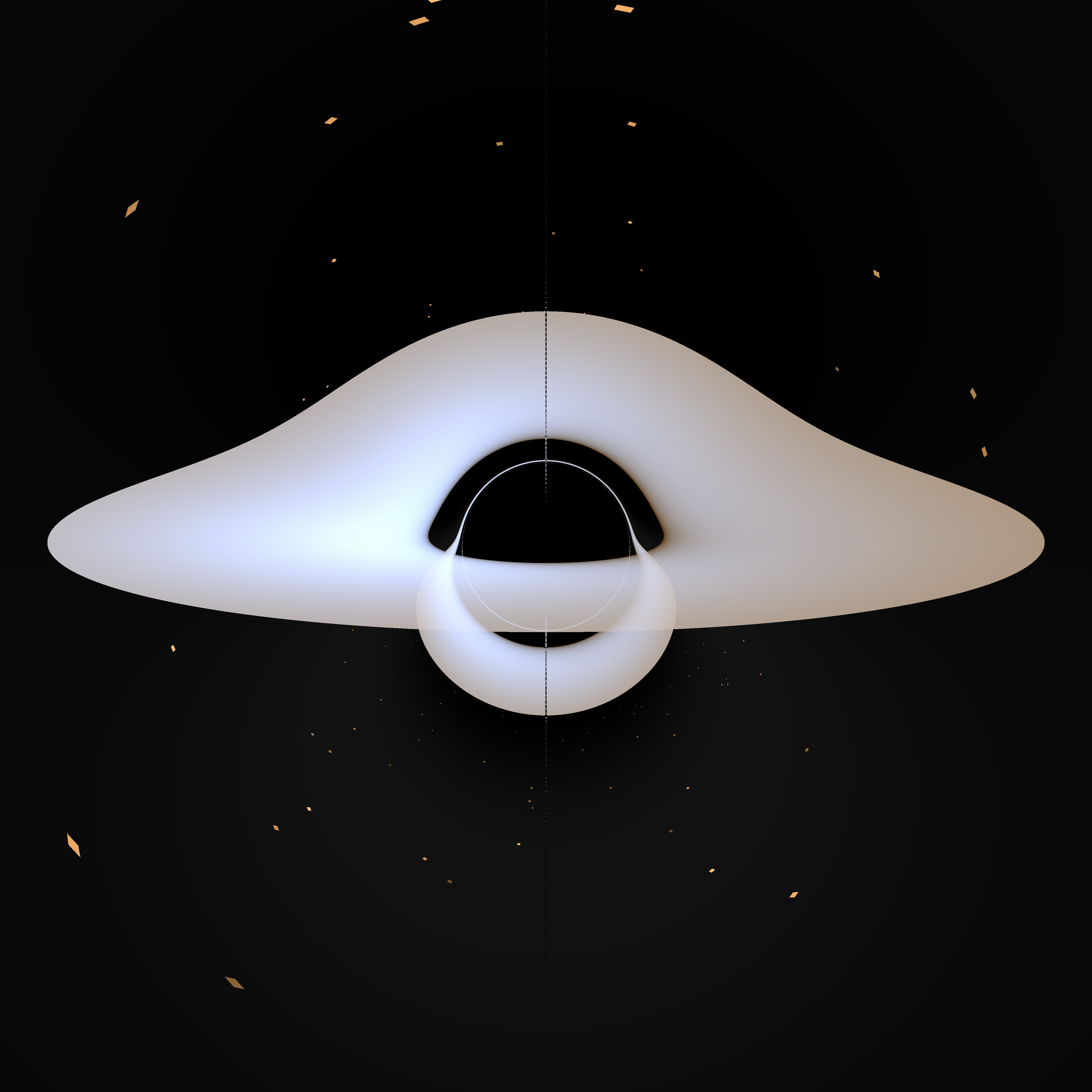 A thin accretion disk around a non-rotating black hole seen nearly edge-on: the far side of the disk is lensed up over the black shadow and a second image wraps beneath it; the left side is brighter and bluer where the gas moves toward the viewer.